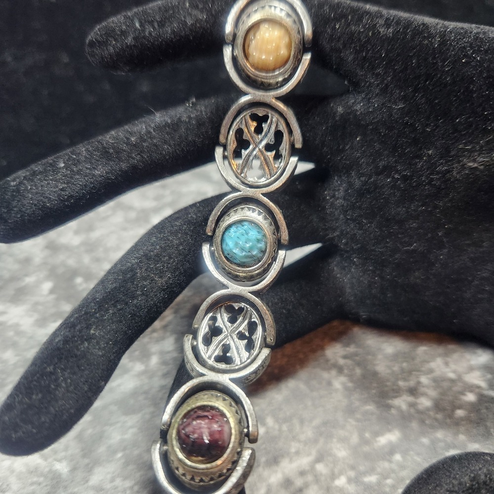 Vintage Multi Color gemstone cabachon Bracelet Silver Tone Celtic Knot 8 Inch